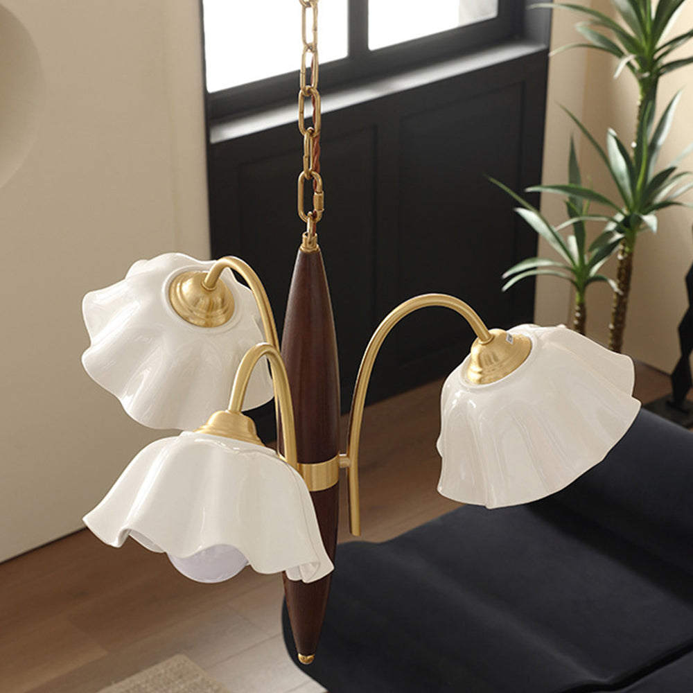 Vintage Ceramic Flower Shape Hanging Light Walnut Brass Chandelier