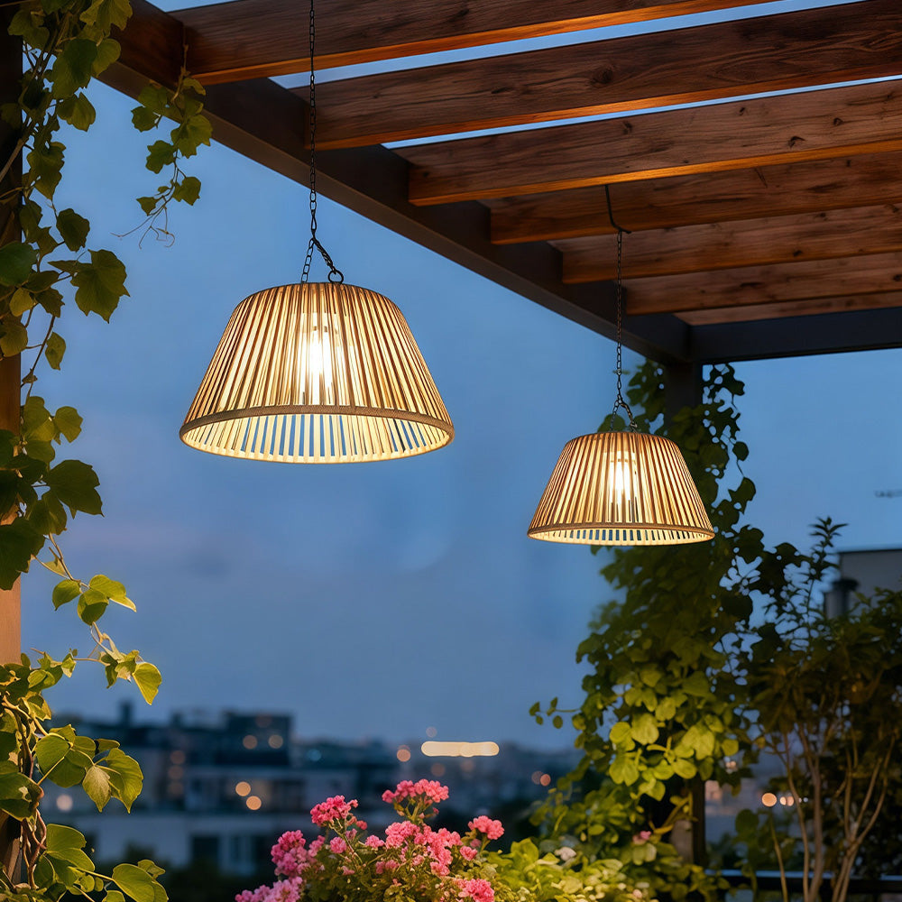 Vintage Rattan Pendant Light with Solar Hanging Lamp for Garden