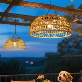 Vintage Dome Rattan Waterproof Solar Hanging Lamp for Garden