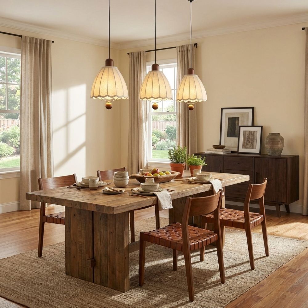 Cottage Scalloped Bell Fabric Pendant Lights for Dining Room