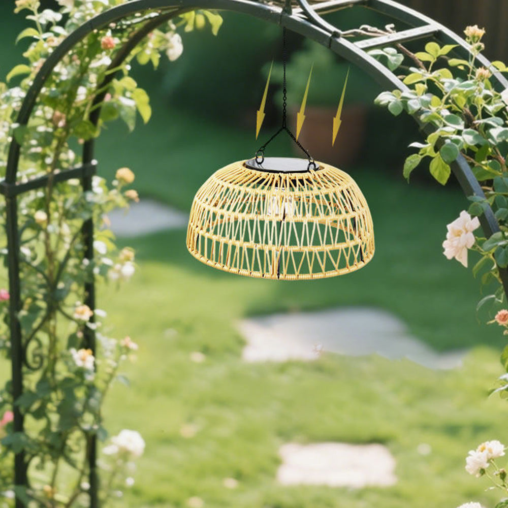Vintage Dome Rattan Waterproof Solar Hanging Lamp for Garden