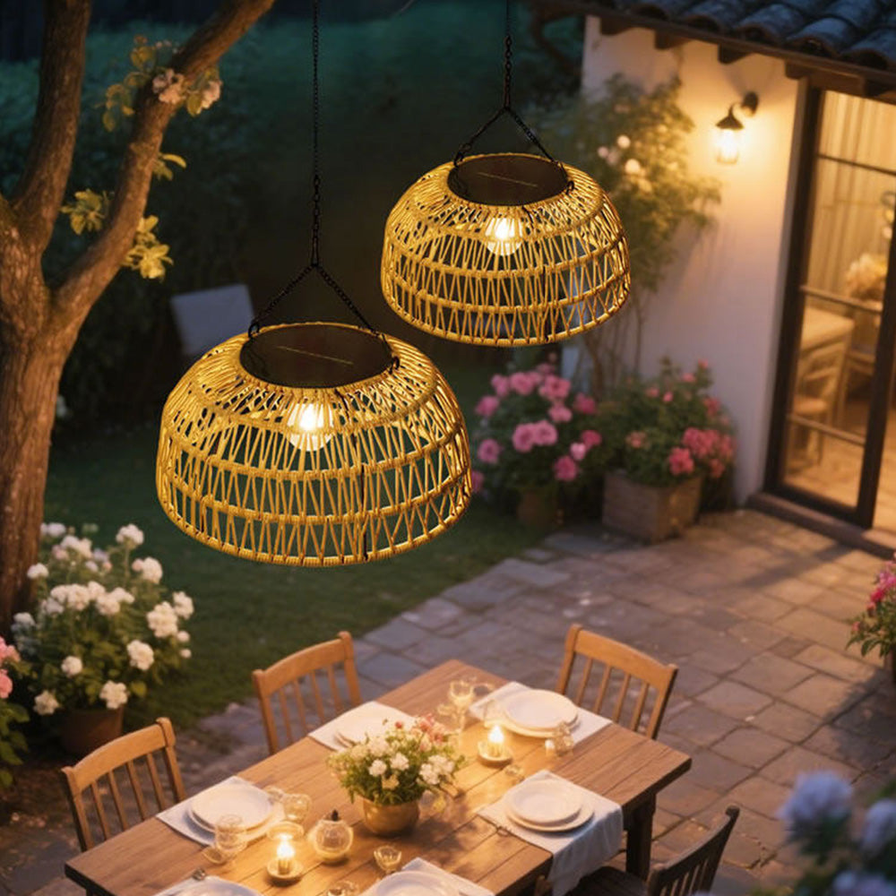 Vintage Dome Rattan Waterproof Solar Hanging Lamp for Garden