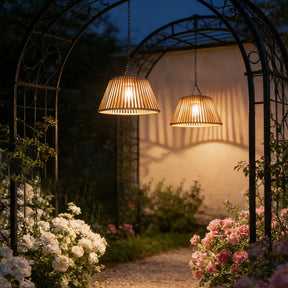 Vintage Rattan Pendant Light with Solar Hanging Lamp for Garden