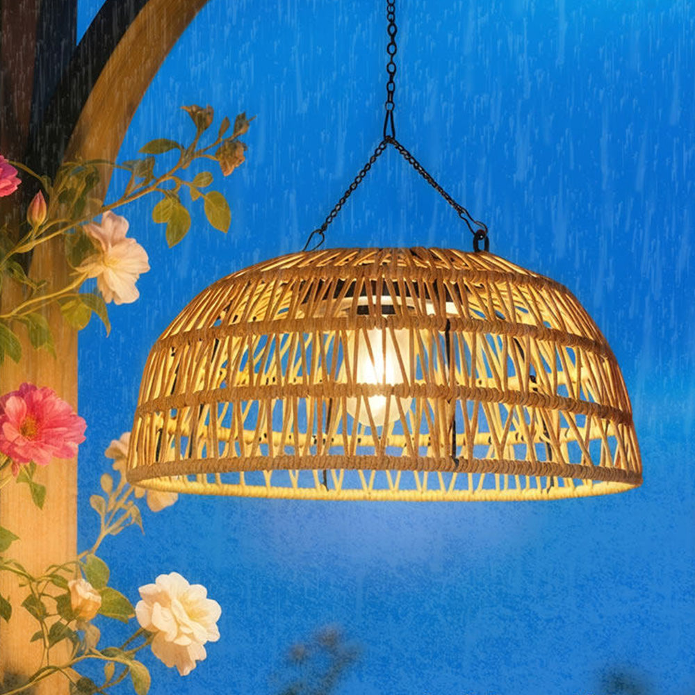 Vintage Dome Rattan Waterproof Solar Hanging Lamp for Garden