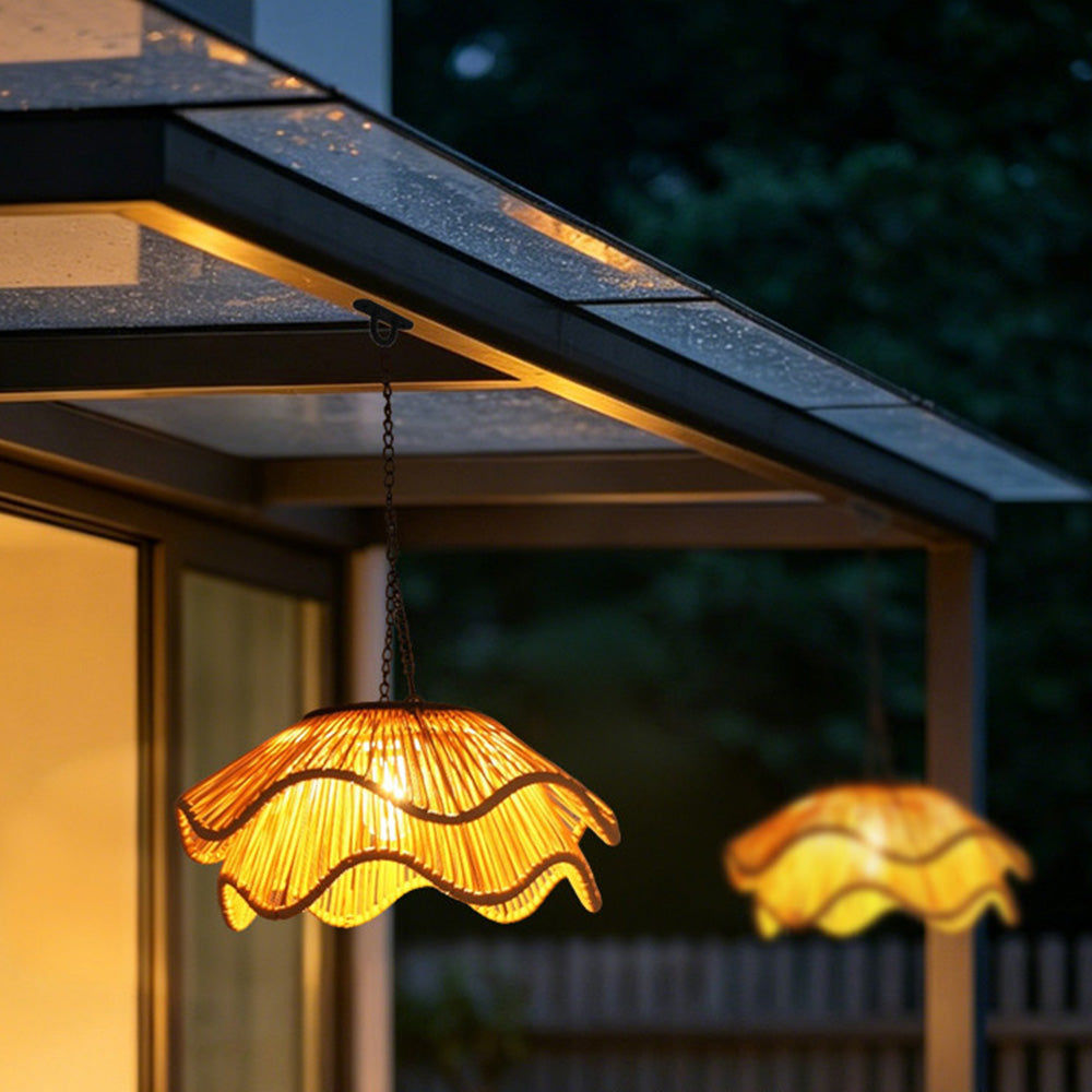 Rustic Dome Woven Rattan Solar Hanging Light for Outdoor Yard