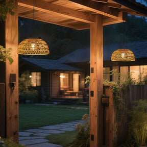 Vintage Dome Rattan Waterproof Solar Hanging Lamp for Garden