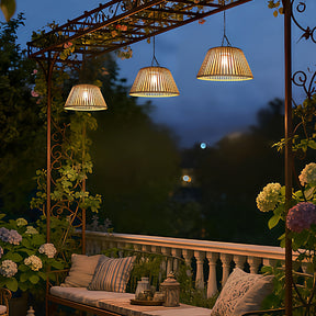 Vintage Rattan Pendant Light with Solar Hanging Lamp for Garden