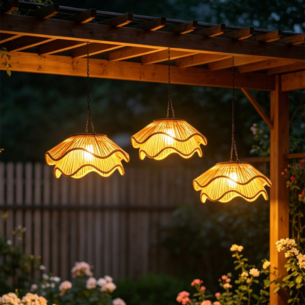 Rustic Dome Woven Rattan Solar Hanging Light for Outdoor Yard