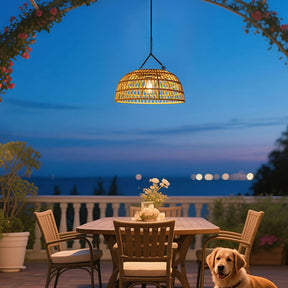 Vintage Dome Rattan Waterproof Solar Hanging Lamp for Garden