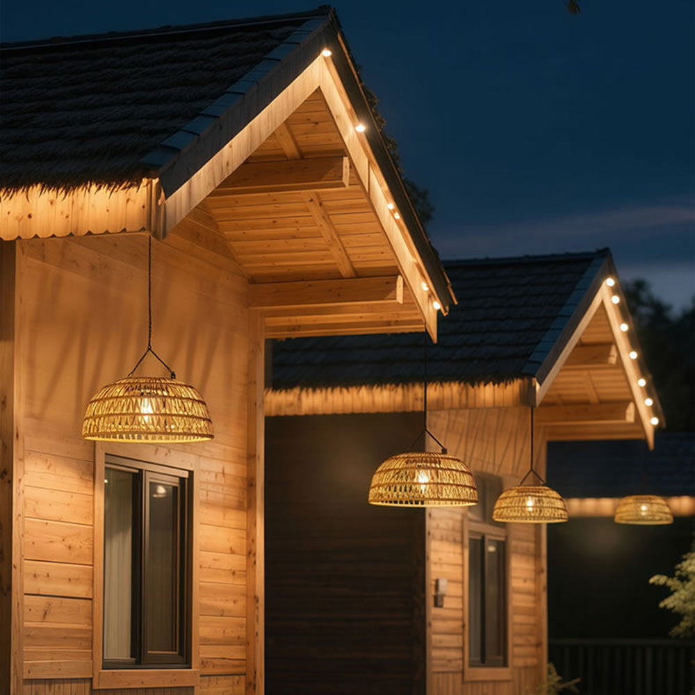 Vintage Dome Rattan Waterproof Solar Hanging Lamp for Garden