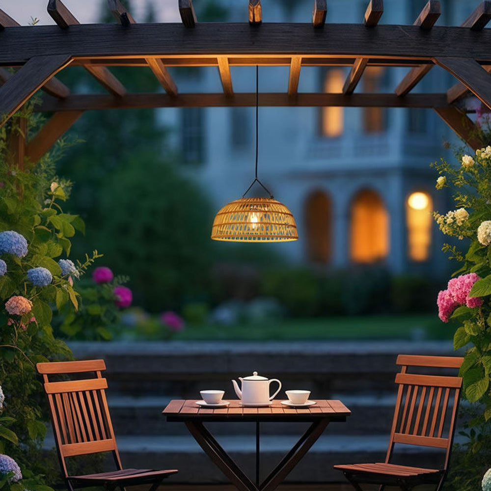 Vintage Dome Rattan Waterproof Solar Hanging Lamp for Garden