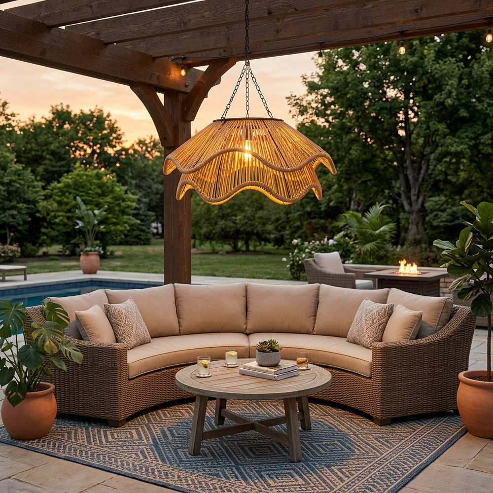 Rustic Dome Woven Rattan Solar Hanging Light for Outdoor Yard