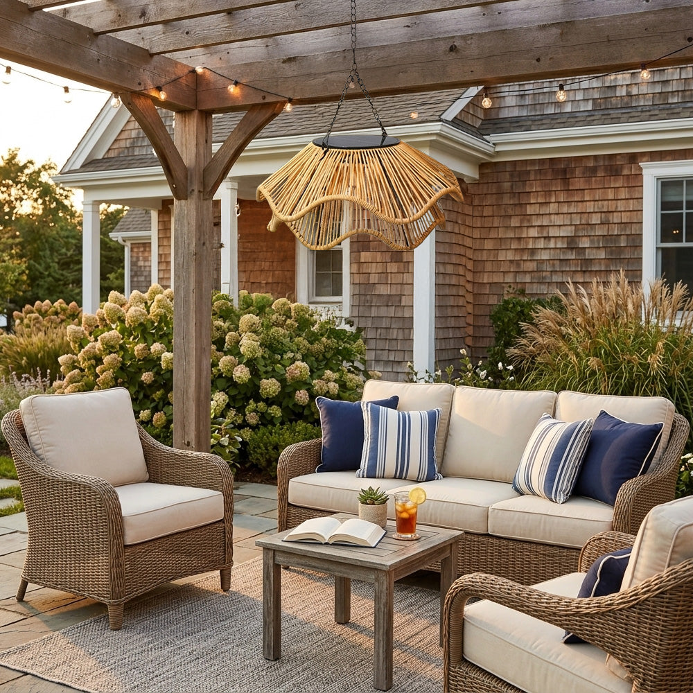 Rustic Dome Woven Rattan Solar Hanging Light for Outdoor Yard