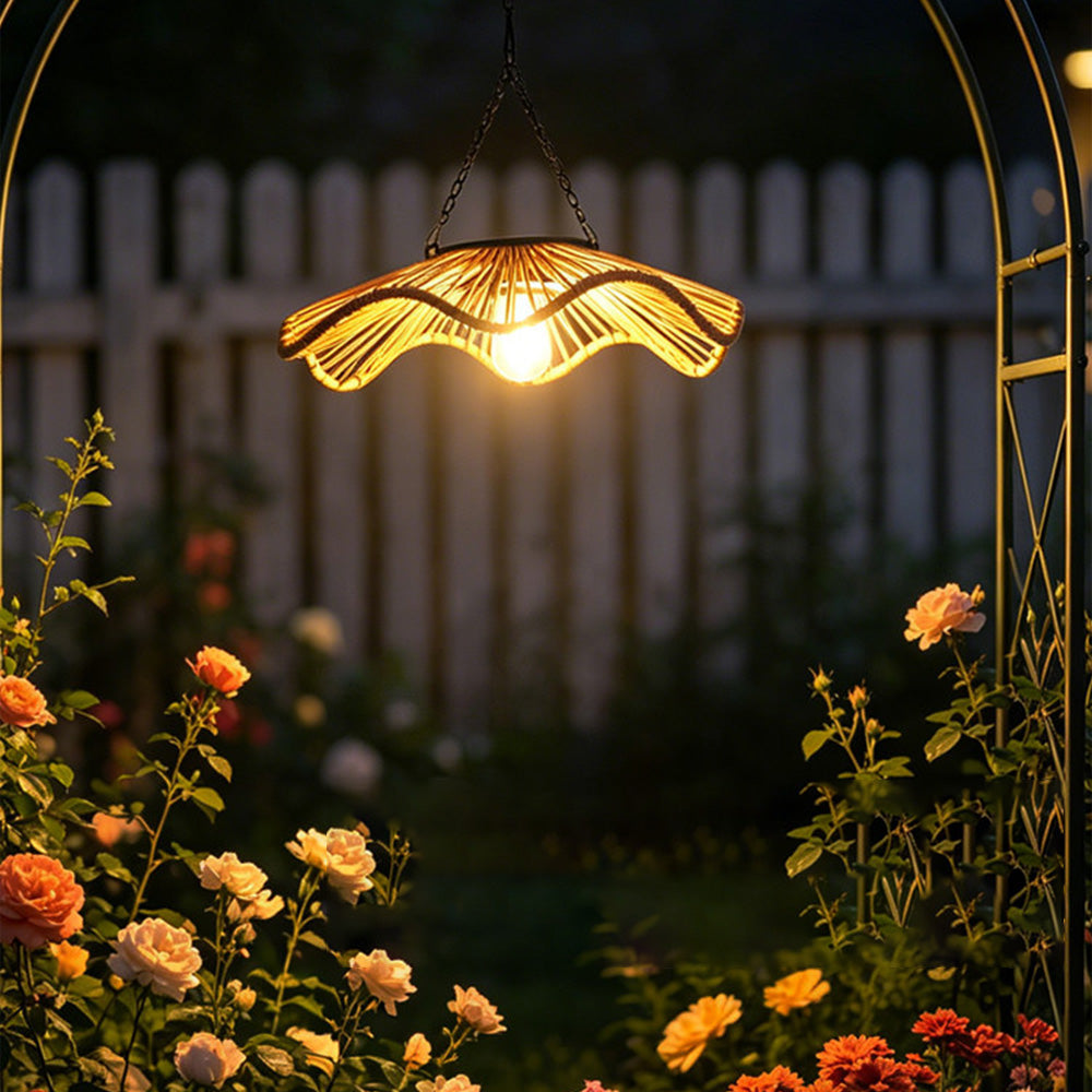 Rustic Dome Woven Rattan Solar Hanging Light for Outdoor Yard