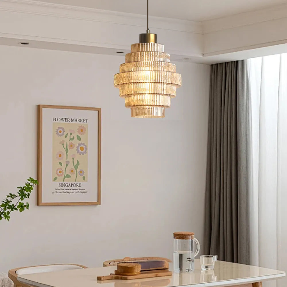 Antique Stripped Glass Brass Pendant Light