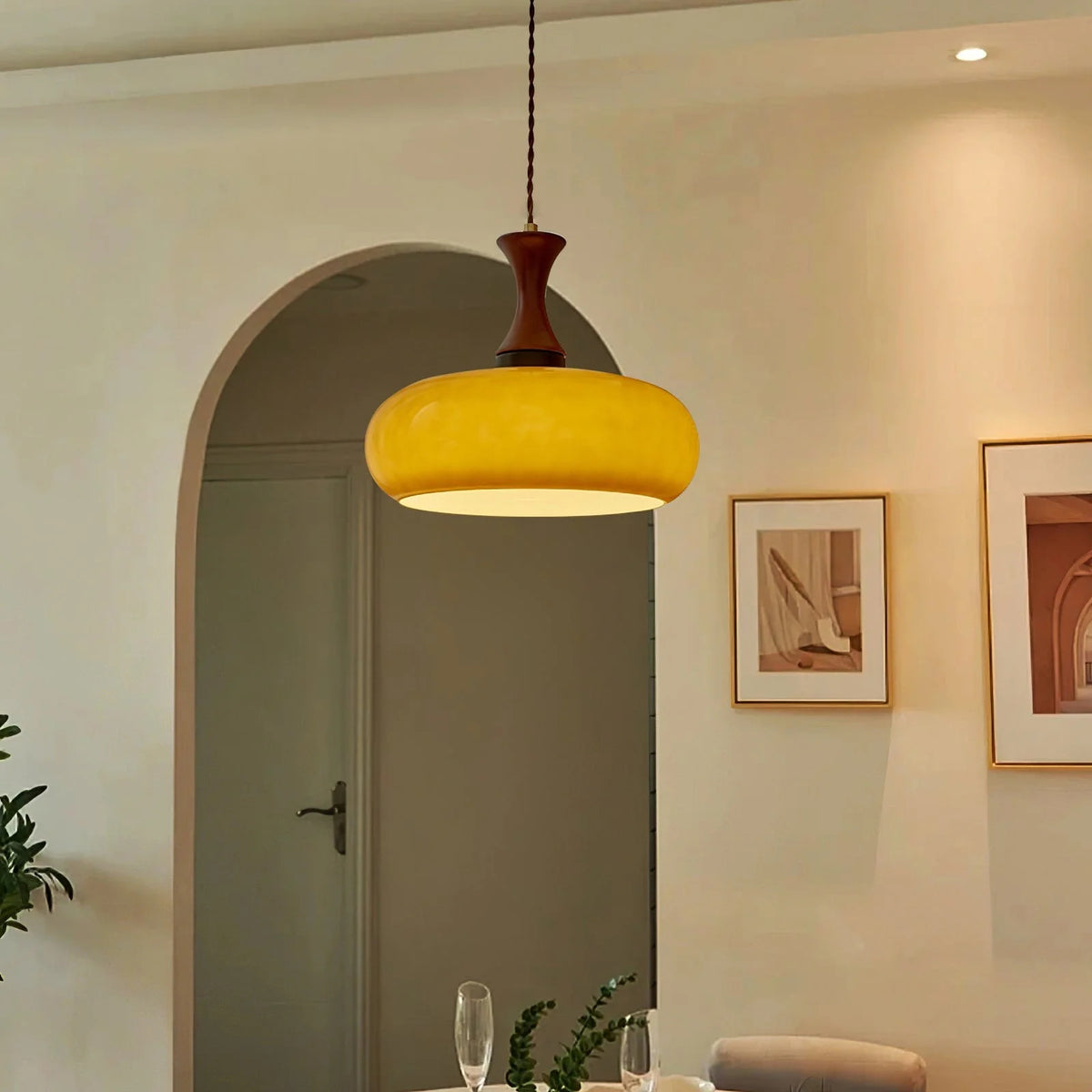 Wooden Yellow Dome Pendant Light for Kitchen Islands