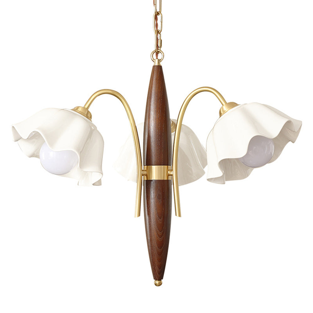 Vintage Ceramic Flower Shape Hanging Light Walnut Brass Chandelier