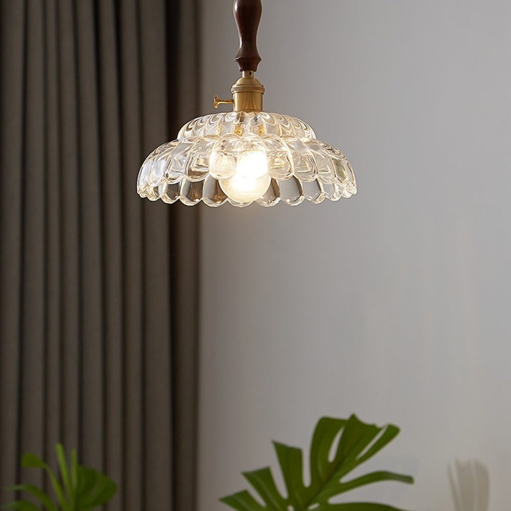Contemporary Copper Glass Pendant Light with Wooden Handle