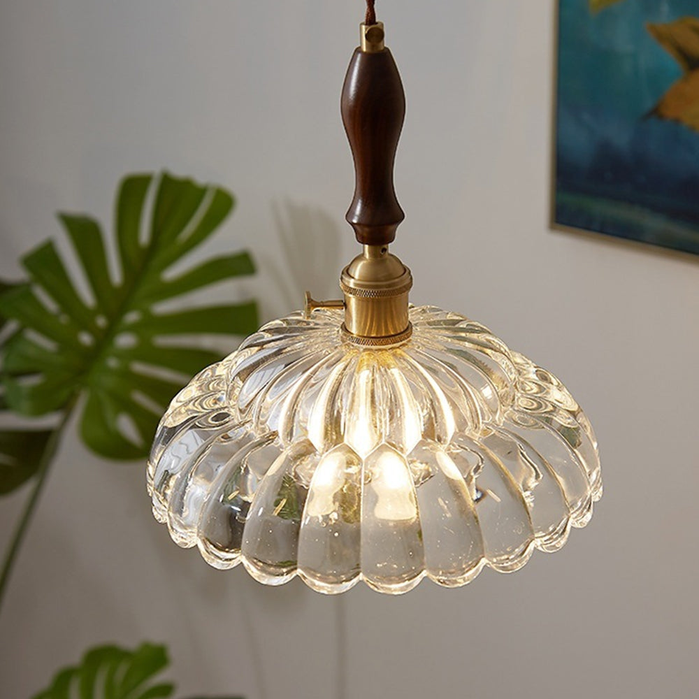 Contemporary Copper Glass Pendant Light with Wooden Handle
